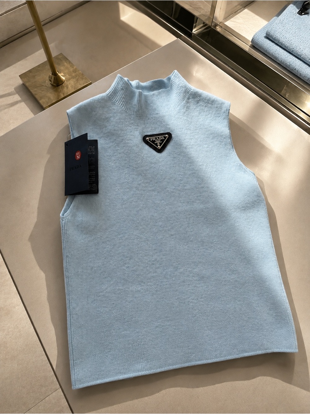 Prada Pale Blue Sleeveless Mock Neck Knit Tank